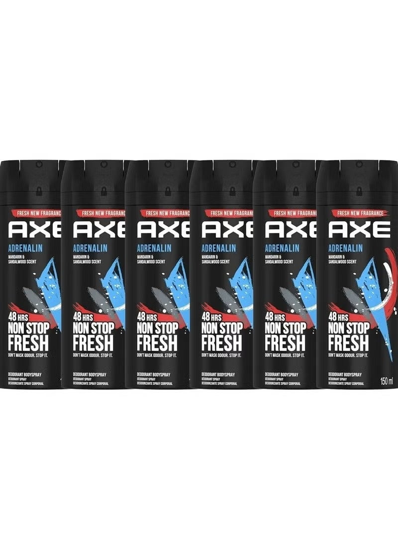 Axe Adrenalin 48H Fresh Spray for Men, 6 x 150ml