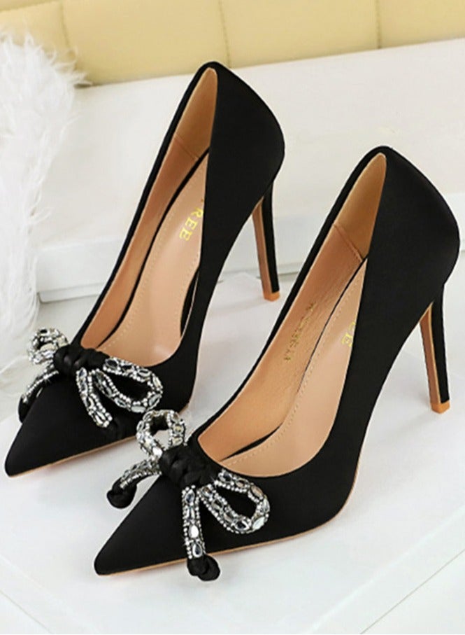 BIGTREE Women's Satin Closed Pointed Toe Stiletto Pump Rhinestone Bowknot Decoration High Heels Black 10.5 CM - Image 1