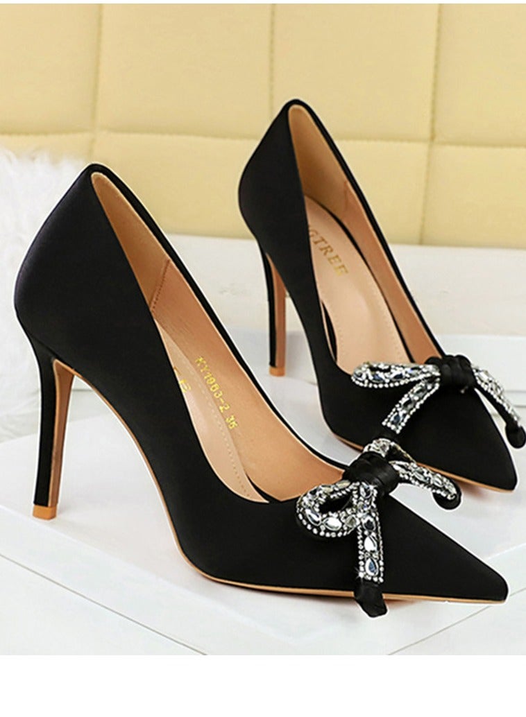 BIGTREE Women's Satin Closed Pointed Toe Stiletto Pump Rhinestone Bowknot Decoration High Heels Black 10.5 CM - Image 2
