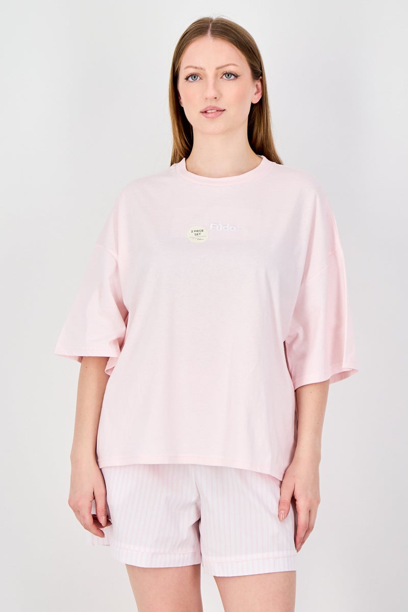 Fudo Lounge By Fudo Women 2 Pieces Stripe Pajama Top And Bottom Set, Pink - Image 1