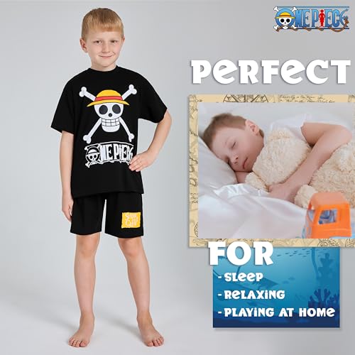 One Piece Pajama Set 2-Piece T shirt and Shorts Set Boys Summer PJ Set Loungewear Kids Clothing Matching Anime Gifts (Black, 9-10 Years) - Image 4