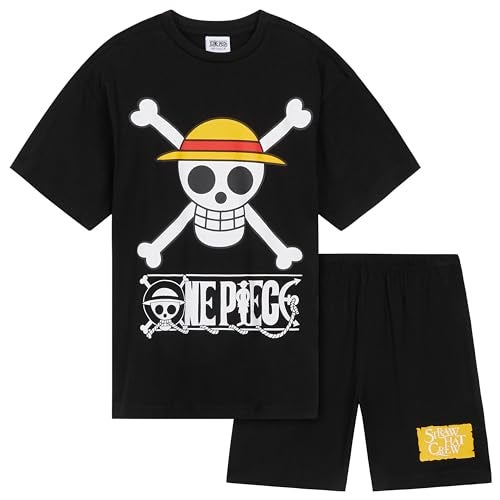One Piece Pajama Set 2-Piece T shirt and Shorts Set Boys Summer PJ Set Loungewear Kids Clothing Matching Anime Gifts (Black, 9-10 Years) - Image 1