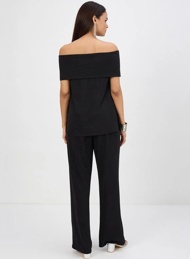 Femmella Women Black Off-Shoulder Top with Trousers Co-Ord
