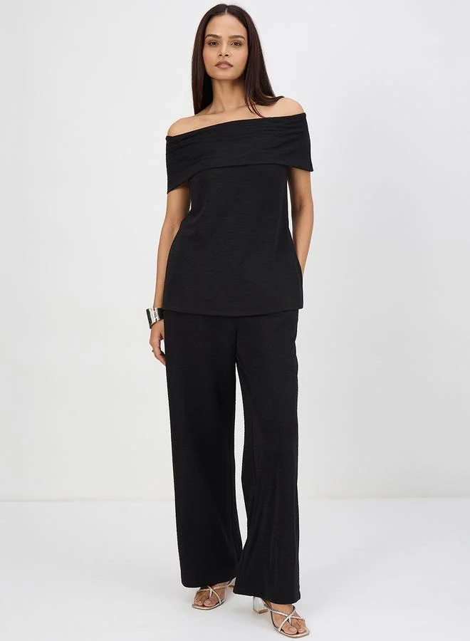 Femmella Women Black Off-Shoulder Top with Trousers Co-Ord