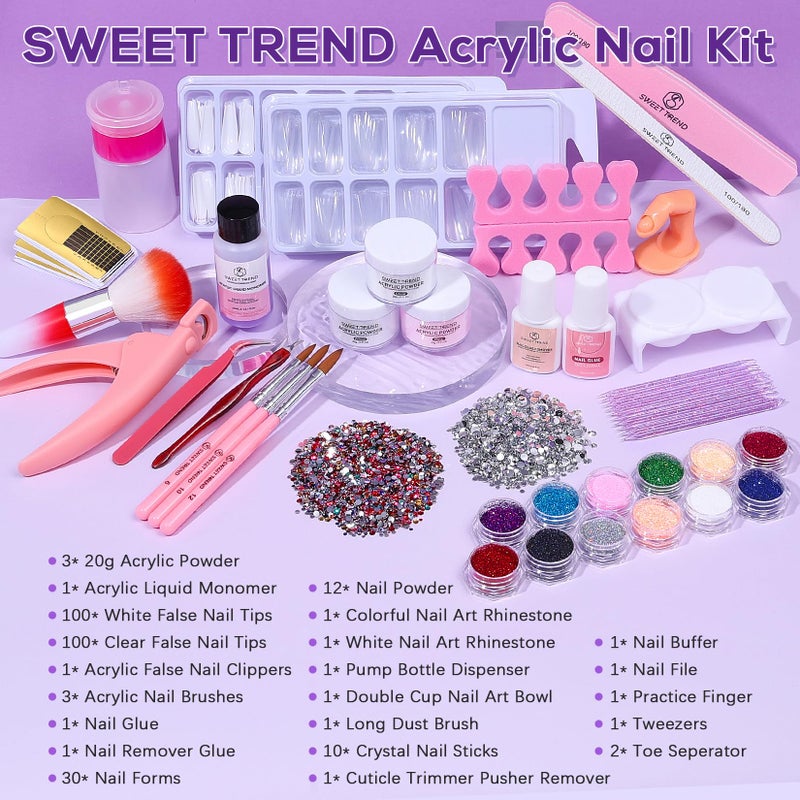 SWEET TREND Beginners Nail Kit Acrylic Set: Professional Ultra-fine Acrylic Powder Kit with Everything - Starter Set with 600 Nail Tips Glitter Powder Nail Glue & Remover - Nail Art Supplies for DIY Home Salon - Image 2