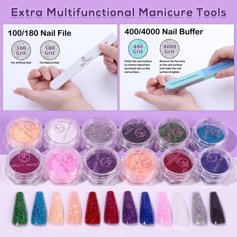 SWEET TREND Beginners Nail Kit Acrylic Set: Professional Ultra-fine Acrylic Powder Kit with Everything - Starter Set with 600 Nail Tips Glitter Powder Nail Glue & Remover - Nail Art Supplies for DIY Home Salon - Image 5