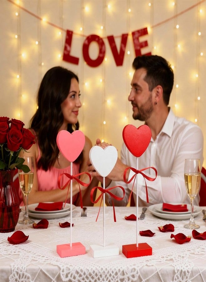 GITMIWS 3 Pieces Valentines Day Decorations, Wooden Heart Valentines Day Table Centerpiece, Romantic Tiered Tray Decor Set for Wedding, Party, Home & Office - Image 4
