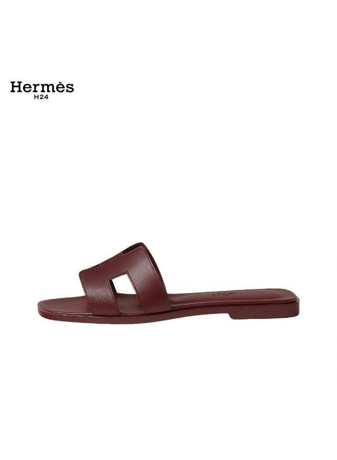 Hermes H24 حذاء مسطح مفتوح من الأمام من جلد العجل من Hermes H24 Oran، بنمط H، للنساء، صيفي، أحمر داكن - Image 3