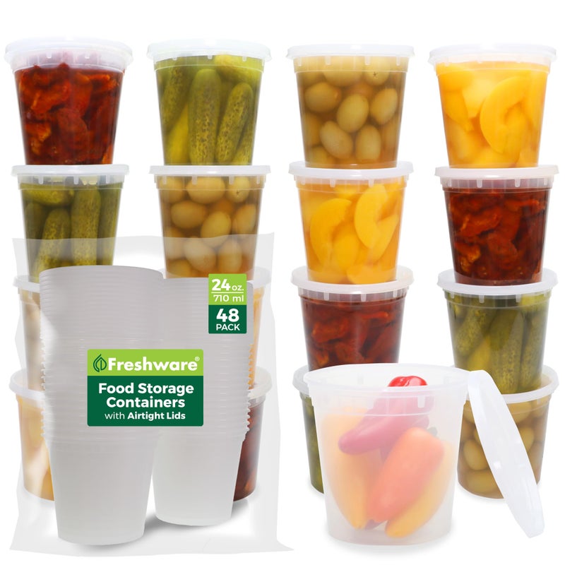 Freshware Food Storage Containers 24 oz Plastic Deli Containers with Lids, Slime, Soup, Meal Prep Containers, BPA Free, Stackable, Leakproof, Microwave/Dishwasher/Freezer Safe, 48 count (pack of 1) - Image 1