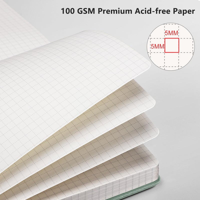 Rettacy Graph Grid Paper Notebook  192 Pages  A5 Medium Size (5.7'' X 8.3'')  5 Squares Per Inch  Leather Hardcover  100 Gsm Thick Paper  For School  Students  Math  Engineering (Sage Green) - Image 3
