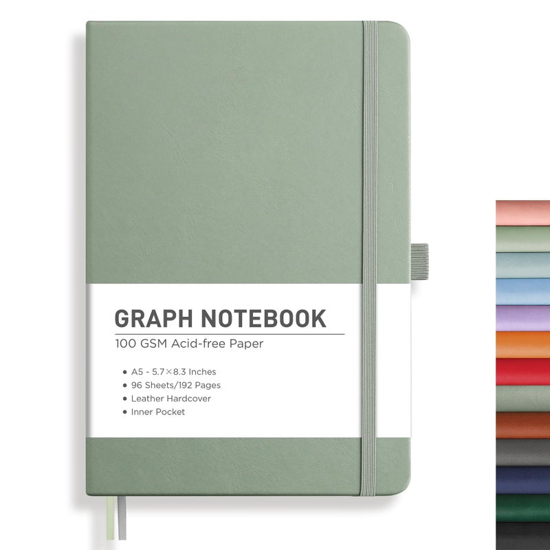 Rettacy Graph Grid Paper Notebook  192 Pages  A5 Medium Size (5.7'' X 8.3'')  5 Squares Per Inch  Leather Hardcover  100 Gsm Thick Paper  For School  Students  Math  Engineering (Sage Green) - Image 1