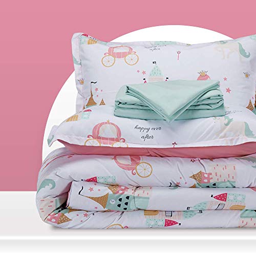 SLEEP ZONE Kids Bedding Comforter Set FullQueen Size Super Cute Soft Kids Bedding Bed in a Bag 7 Pieces Set with Comforter Sheet Pillowcase Sham Princess Castle
