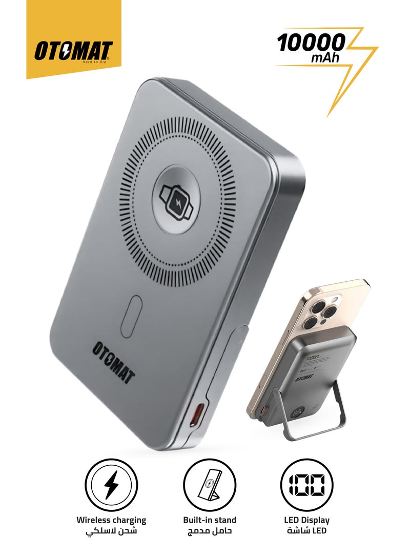 OTOMAT 10,000mAh Fast Wireless Power Bank with Stand & LED Display – High-Speed Charging for iPhone, Samsung, Android, Tablets, Power Bank, and More – Compact Design, Black - Image 1