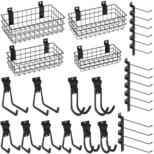 INCLY 30PCS Slatwall Accessories Set, Includes 4 Pack Ventilated Metal Wire Slatwall Baskets and 26PCS Multisized Heavy Duty Slatwall Hooks for Garage Organization Rooms Workshop Storage - Image 1