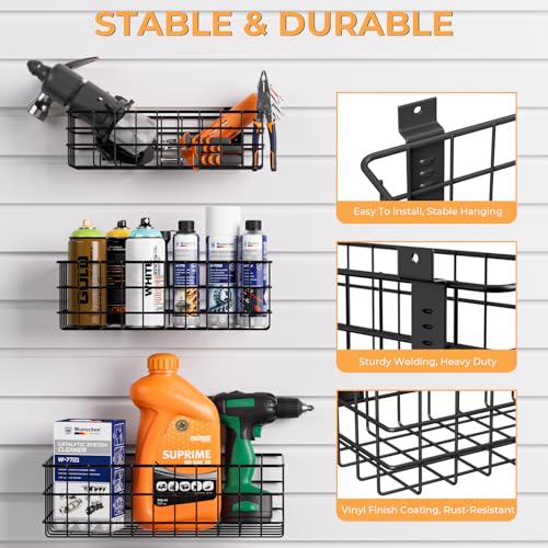 INCLY 30PCS Slatwall Accessories Set, Includes 4 Pack Ventilated Metal Wire Slatwall Baskets and 26PCS Multisized Heavy Duty Slatwall Hooks for Garage Organization Rooms Workshop Storage - Image 3