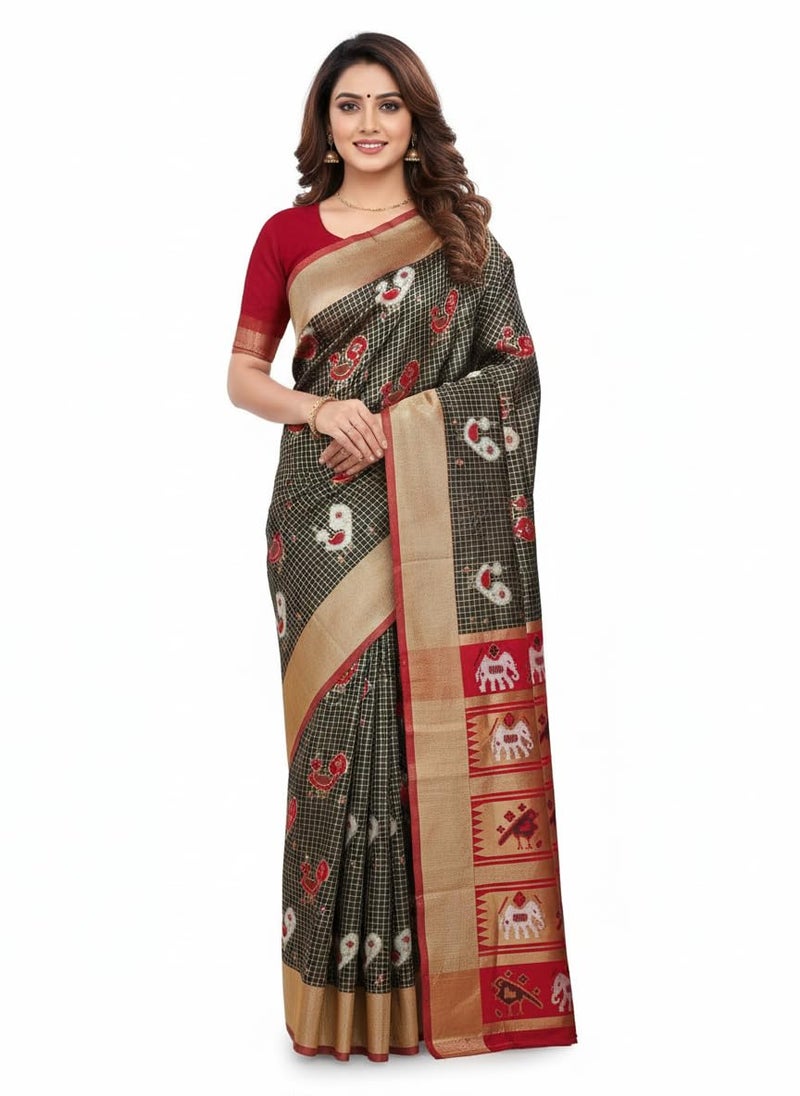 Vivatra Women Banarasi Soft Silk Saree | Jacquard Weaving with Rich Pallu & Border | Includ Matching Utitched Blouse Piece (VT-KP-6005-Black_Red) - Image 1