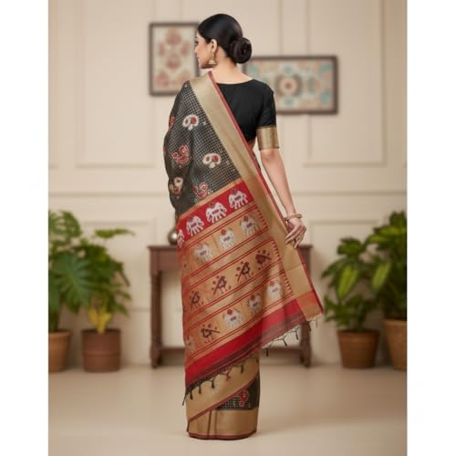 Vivatra Women Banarasi Soft Silk Saree | Jacquard Weaving with Rich Pallu & Border | Includ Matching Utitched Blouse Piece (VT-KP-6005-Black_Red) - Image 3