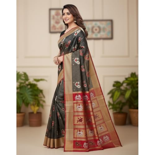Vivatra Women Banarasi Soft Silk Saree | Jacquard Weaving with Rich Pallu & Border | Includ Matching Utitched Blouse Piece (VT-KP-6005-Black_Red) - Image 2