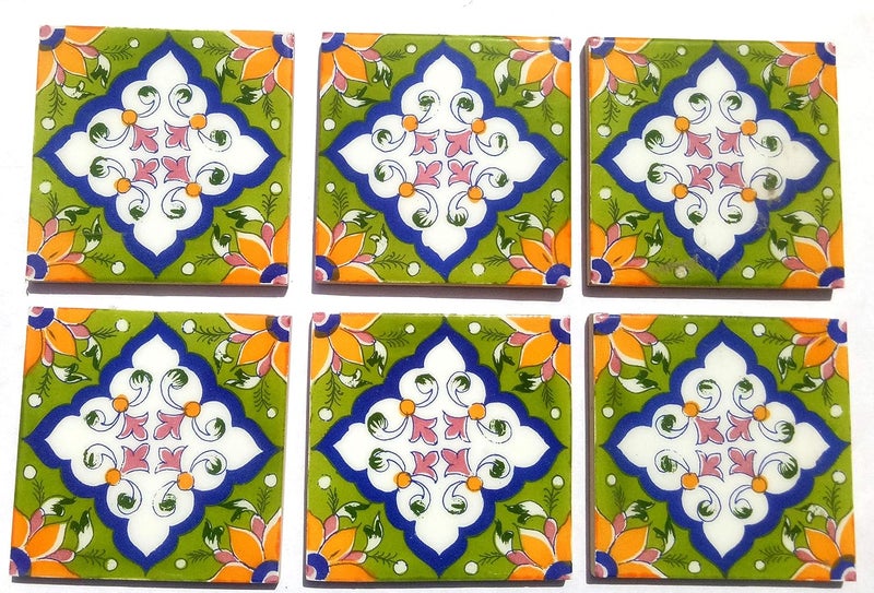 Shiv Kripa Blue Pottery Home Dcor Flooring Wall Kitchen Washroom Tabletop Interior Exterior Wall Furniture Tile Mural Panel 4 x 4 Inch Pack of 6 Tile Green Multi