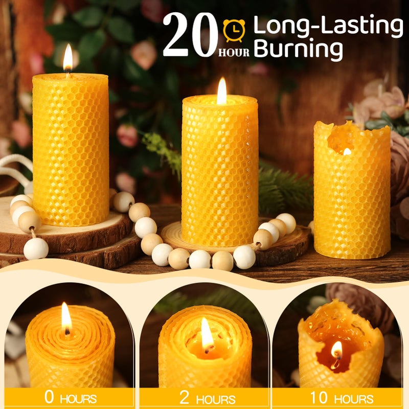MAKALONE 3 Pack Natural Beeswax Pillar Candles,Handmade Pure Beeswax Rolled Candle-60 Hours Long Burning,Honeycomb Bees Wax Candles for Home, Prayer,Dripless Smokeless Unscented Pillar Candle 2x4in - Image 4
