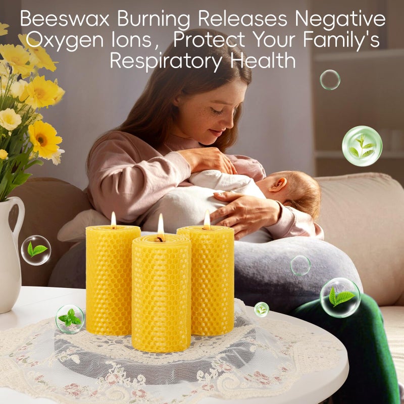 MAKALONE 3 Pack Natural Beeswax Pillar Candles,Handmade Pure Beeswax Rolled Candle-60 Hours Long Burning,Honeycomb Bees Wax Candles for Home, Prayer,Dripless Smokeless Unscented Pillar Candle 2x4in - Image 5