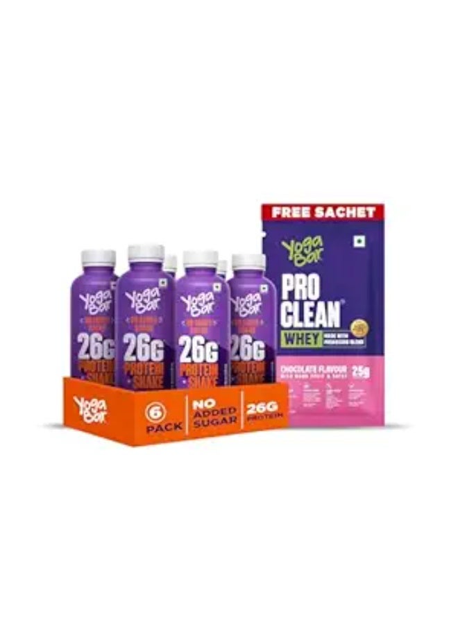 Yogabar Protein Shake, Double Chocolate, with 26g Protein, No Added Sugar, Pack of 6 (250ml) with Free Whey Protein 25g Sachet - Image 1