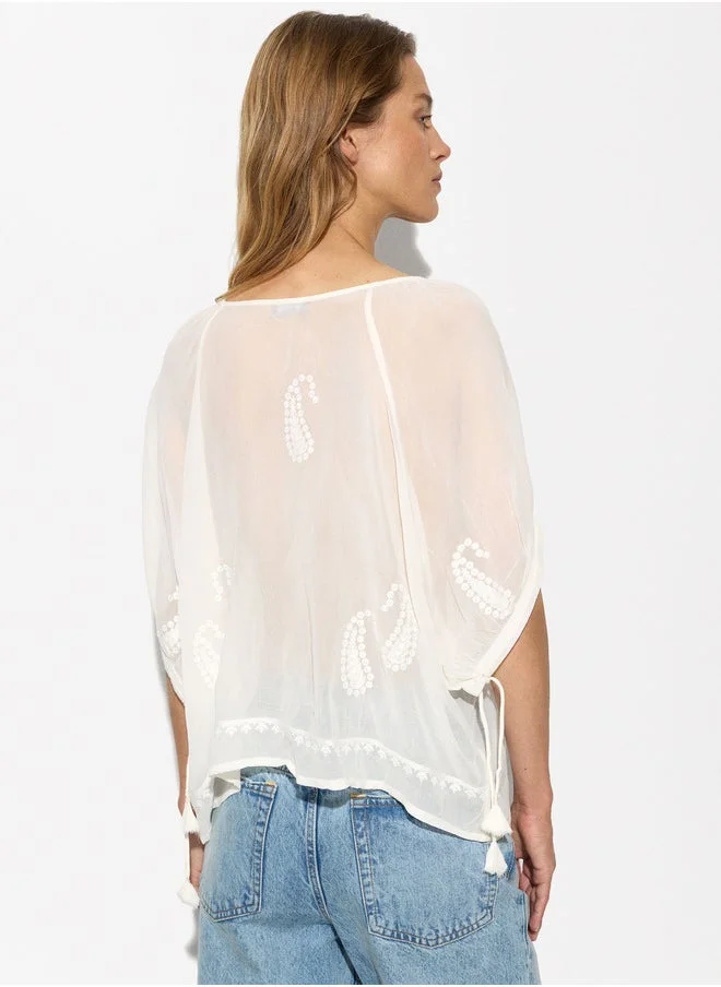 PARFOIS Embroidered Semi-Transparent Top