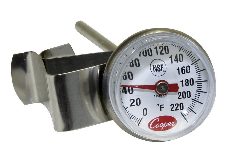 Cooper-Atkins مقياس حرارة حليب الإسبريسو ثنائي المعادن Cooper-Atkins 1236-70-1 مع مشبك، قرص 1" وطول عمود 5" - Image 1
