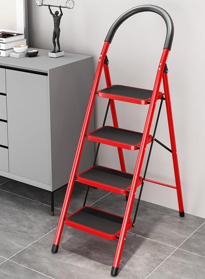 Chase Up 4 Step Ladder Folding Wide Steel 150kg Capacity, Multi Purpose Portable Stool for Home,Kitchen, Garden, Office, WarehouseRed, 4step - Image 2