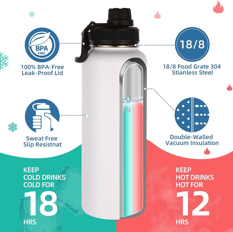 Volhoply 40 oz Insulated Water Bottles Paracord Handle, 1.2L Stainless Steel Sports Bottle with Spout Lid, Double Walled Vacuum Water Thermos with Wide Mouth, Reusable Water jug for Adults (White, 1 - Image 1