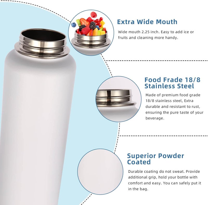 Volhoply 40 oz Insulated Water Bottles Paracord Handle, 1.2L Stainless Steel Sports Bottle with Spout Lid, Double Walled Vacuum Water Thermos with Wide Mouth, Reusable Water jug for Adults (White, 1 - Image 3