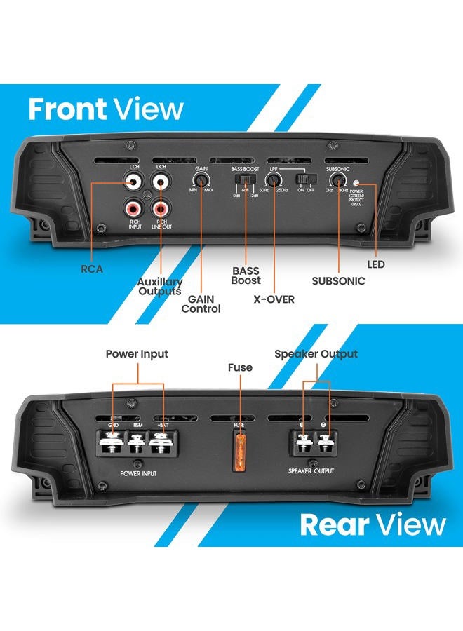 Lanzar 1 Channel Car Audio Amplifier, Monoblock, 3,000 Watt Peak, 2 Ohm, MOSFET, Nickel Plated RCA Input, Bass Boost Circuit, Electronic Crossover Network, Power Protection LEDs - HTG157 - Image 3