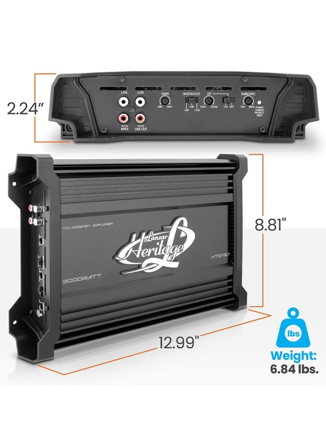 Lanzar 1 Channel Car Audio Amplifier, Monoblock, 3,000 Watt Peak, 2 Ohm, MOSFET, Nickel Plated RCA Input, Bass Boost Circuit, Electronic Crossover Network, Power Protection LEDs - HTG157 - Image 2