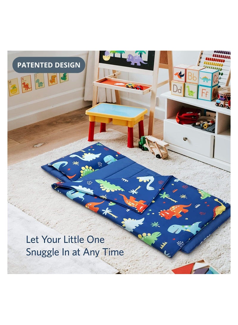 Kids Dinosaur Nap Mat, Sleeping Bag with Carrying Bag and Removable Pillow, Lightweight and Soft,  Ideal for Daycare and Preschool, Travel, 51 x 20 x 1.5 In (Blue) - Image 3
