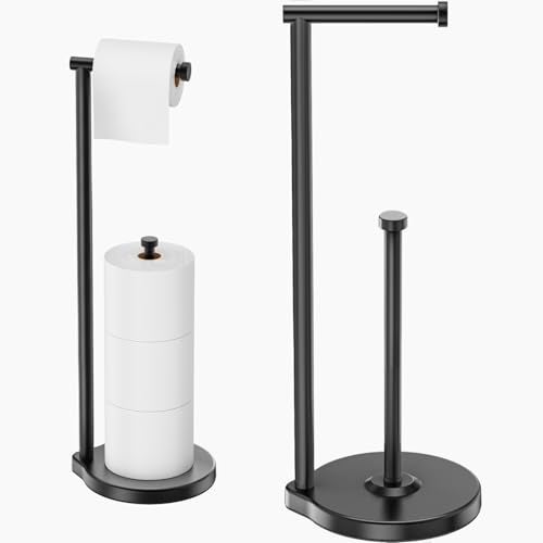 theaoo Heavy-Duty Toilet Paper Holder Stand – Modern Freestanding Bathroom Toilet Tissue Paper Roll Holder with Reserve & Storage, Stainless Steel (Black, Free Standing) - Image 1