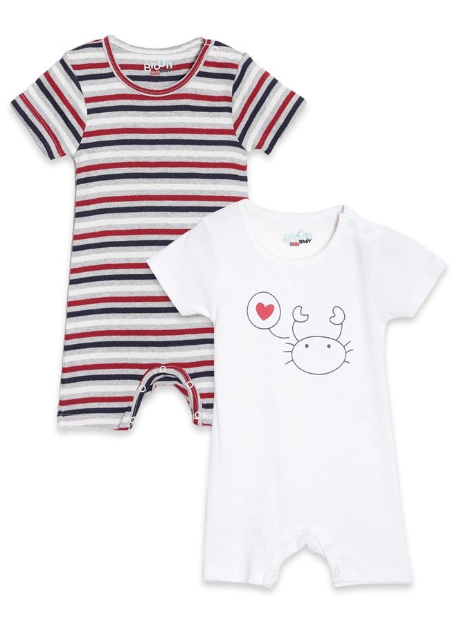 Broon Boys & Girls White and Maroon Printed Rompers | Premium Organic Cotton | Short Sleeves with Allover Print | Infant Wear | Skin Friendly | Chemical Free | Pack of 2 - Image 1