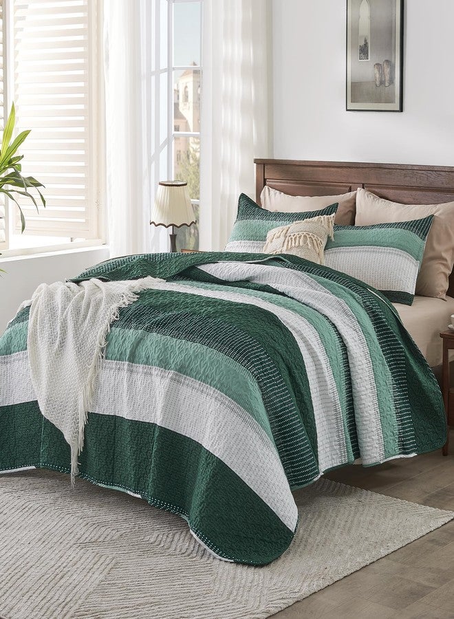 Andency Emerald Green Quilt King(106x96Inch), 3 Pieces (1 Striped Quilt and 2 Pillowcases) Patchwork Striped Bedspread Coverlet Set, Soft Microfiber Lightweight All Season Quilted Bedding Set - Image 2