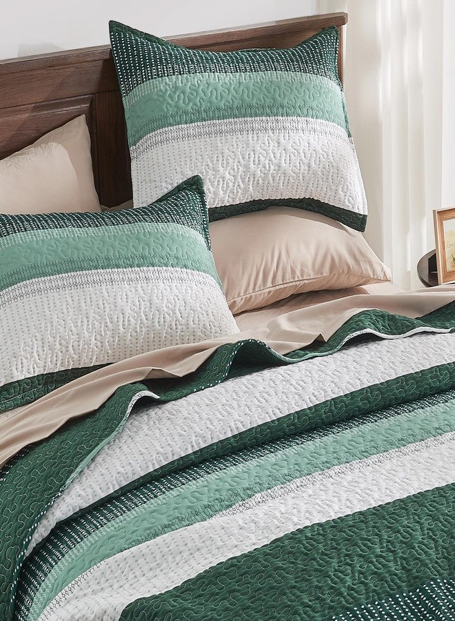 Andency Emerald Green Quilt King(106x96Inch), 3 Pieces (1 Striped Quilt and 2 Pillowcases) Patchwork Striped Bedspread Coverlet Set, Soft Microfiber Lightweight All Season Quilted Bedding Set - Image 3