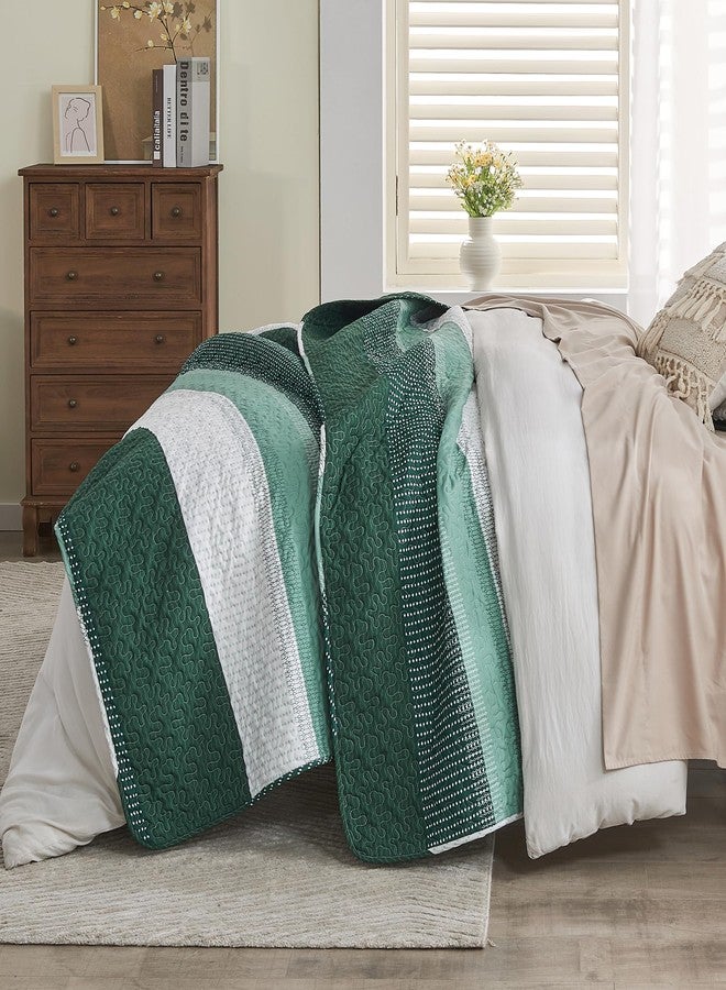 Andency Emerald Green Quilt King(106x96Inch), 3 Pieces (1 Striped Quilt and 2 Pillowcases) Patchwork Striped Bedspread Coverlet Set, Soft Microfiber Lightweight All Season Quilted Bedding Set - Image 4