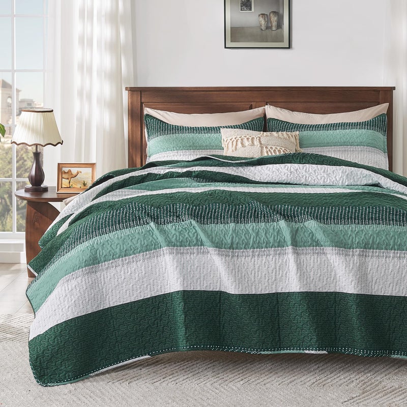 Andency Emerald Green Quilt King(106x96Inch), 3 Pieces (1 Striped Quilt and 2 Pillowcases) Patchwork Striped Bedspread Coverlet Set, Soft Microfiber Lightweight All Season Quilted Bedding Set - Image 1