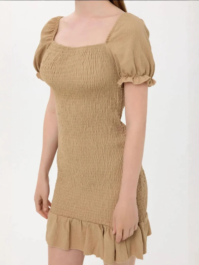 HICCUP Brown Ribbed Ruffled Square Neck Mini Dress with Balloon Sleeves for Women | Best Price UAE