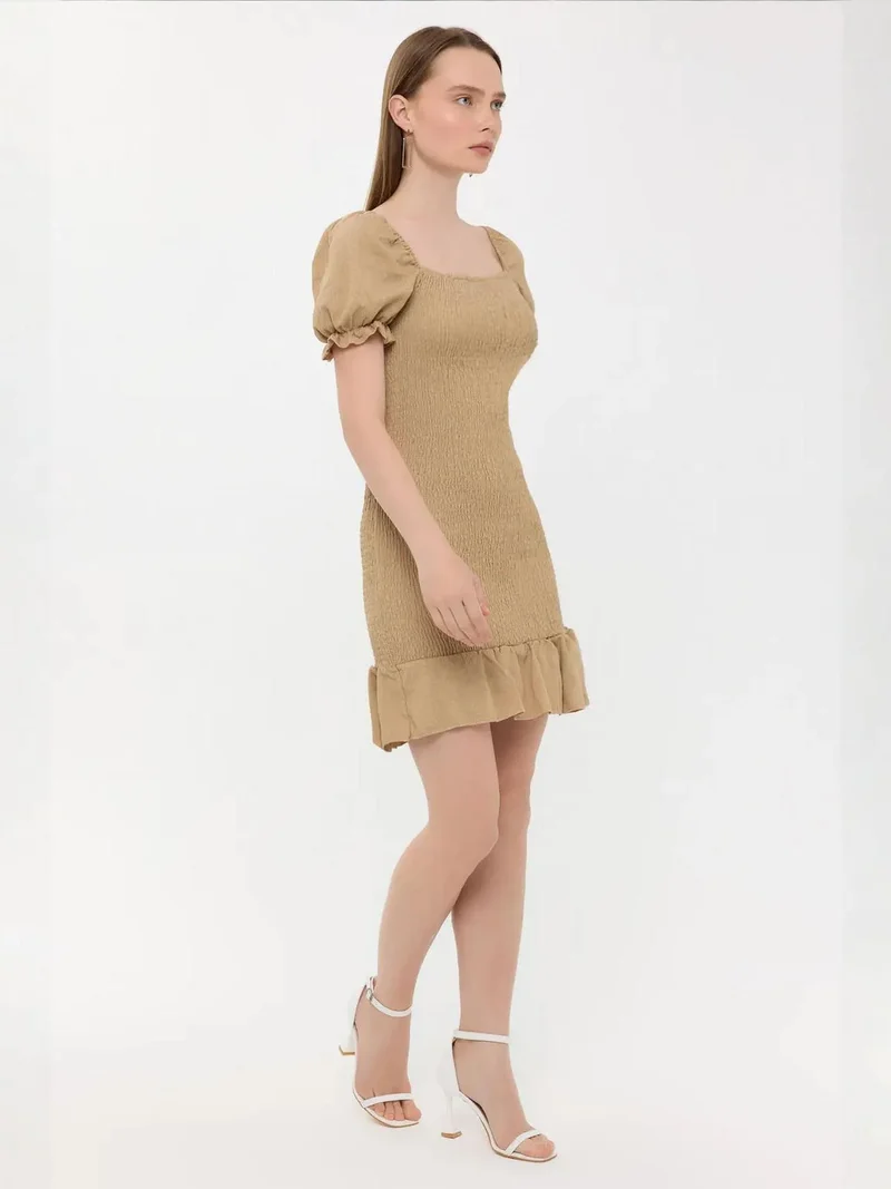 HICCUP Brown Ribbed Ruffled Square Neck Mini Dress with Balloon Sleeves for Women | Best Price UAE
