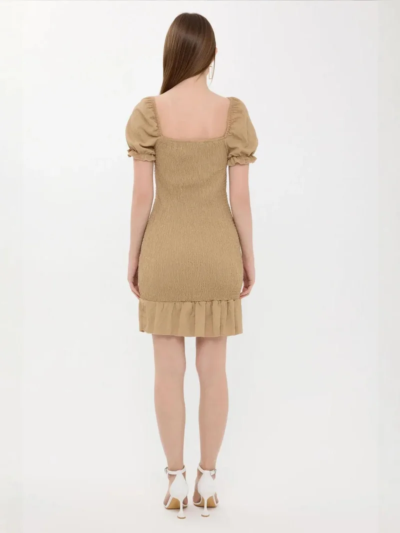 HICCUP Brown Ribbed Ruffled Square Neck Mini Dress with Balloon Sleeves for Women | Best Price UAE