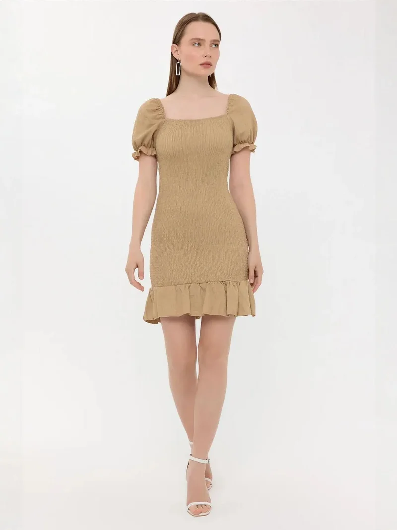 HICCUP Ribbed Ruffled Square Neck Mini Dress with Balloon Sleeves
