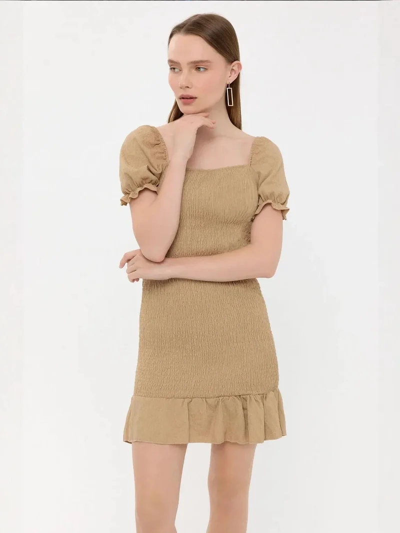 HICCUP Ribbed Ruffled Square Neck Mini Dress with Balloon Sleeves
