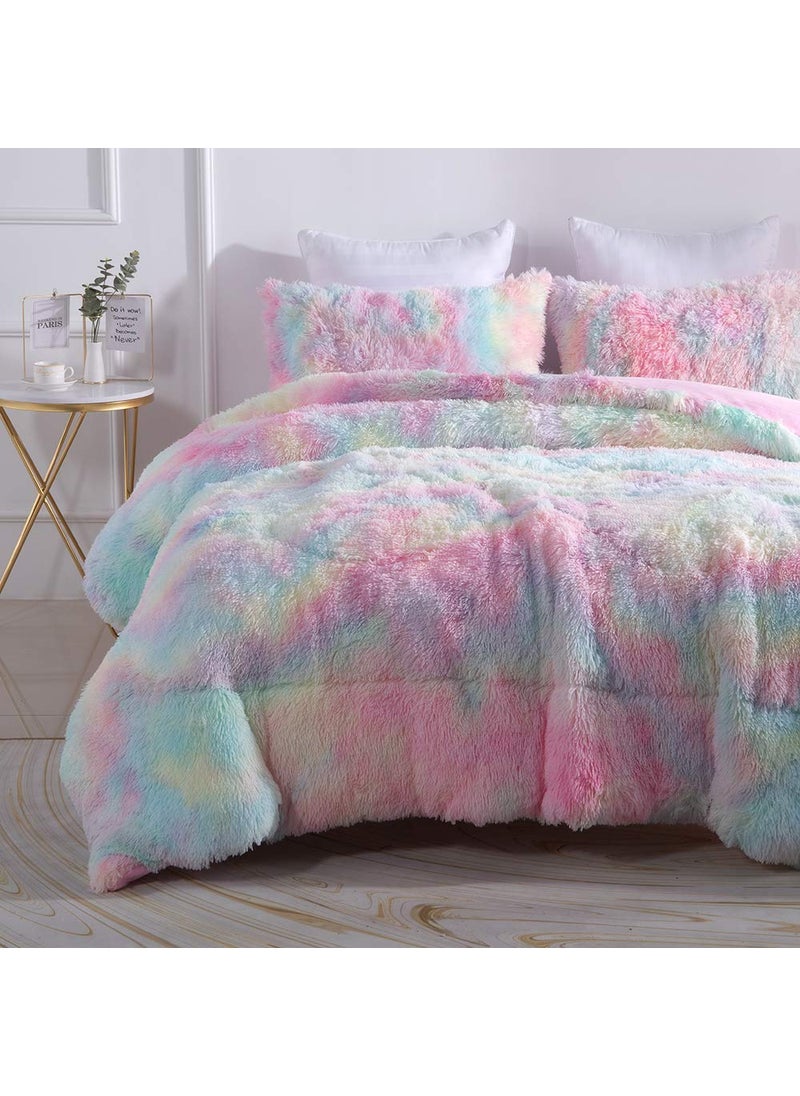 Wajade Wajade Faux Fur Plush Rainbow Comforter Set Fluffy Fuzzy Shaggy Bedding Set  3PC Full Size Microfiber Soft Warm Quilt Set 