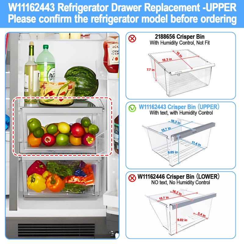 S-Union UPGRADED W11162443 Refrigerator Crisper Drawer Compatible with Whirlpool Crisper Drawer W11046494 Whirlpool Fridge Drawer Parts W10899435 WRS555SIHZ WRS325SDHZ WRS315SDHZ Maytag Refrigerator Drawer - Image 3