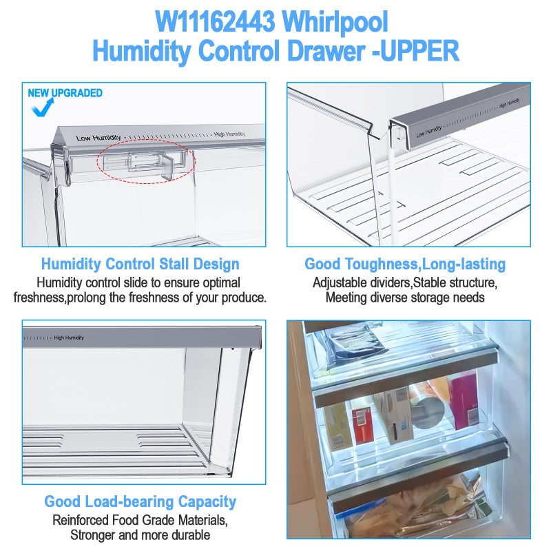 S-Union UPGRADED W11162443 Refrigerator Crisper Drawer Compatible with Whirlpool Crisper Drawer W11046494 Whirlpool Fridge Drawer Parts W10899435 WRS555SIHZ WRS325SDHZ WRS315SDHZ Maytag Refrigerator Drawer - Image 2