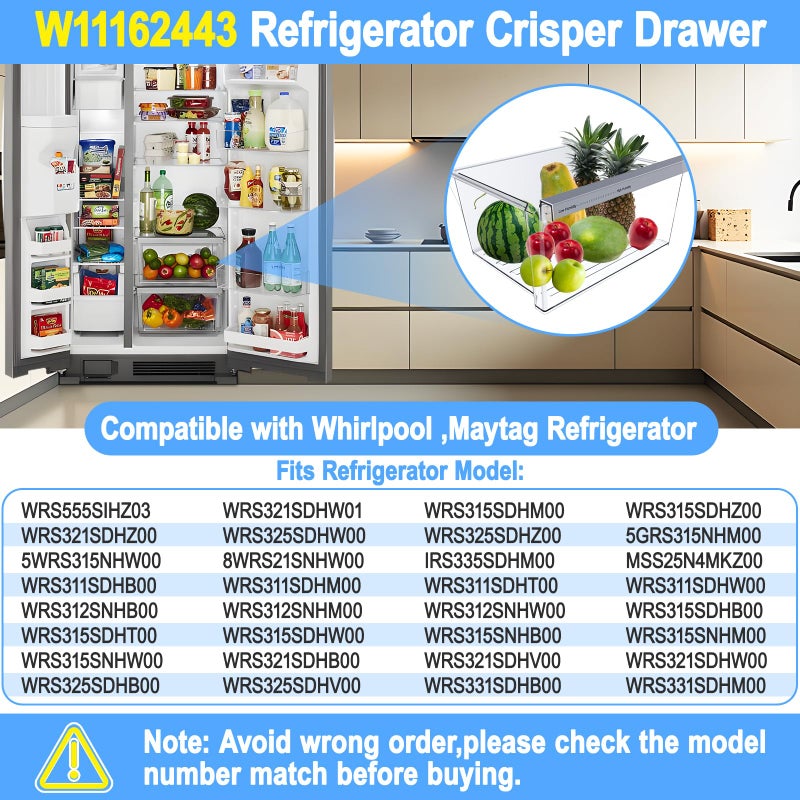 S-Union UPGRADED W11162443 Refrigerator Crisper Drawer Compatible with Whirlpool Crisper Drawer W11046494 Whirlpool Fridge Drawer Parts W10899435 WRS555SIHZ WRS325SDHZ WRS315SDHZ Maytag Refrigerator Drawer - Image 5