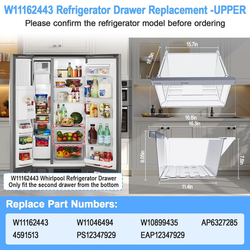 S-Union UPGRADED W11162443 Refrigerator Crisper Drawer Compatible with Whirlpool Crisper Drawer W11046494 Whirlpool Fridge Drawer Parts W10899435 WRS555SIHZ WRS325SDHZ WRS315SDHZ Maytag Refrigerator Drawer - Image 4